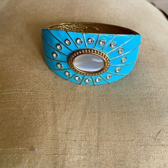 Turquoise Enamel Rhinestone Clamper Bracelet - Picture 2 of 4